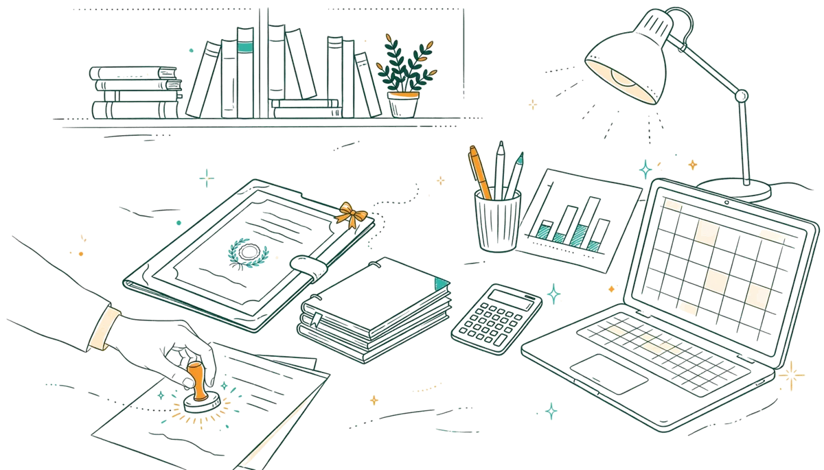 Dessin au trait : dossier de certification et outils de gestion sur bureau