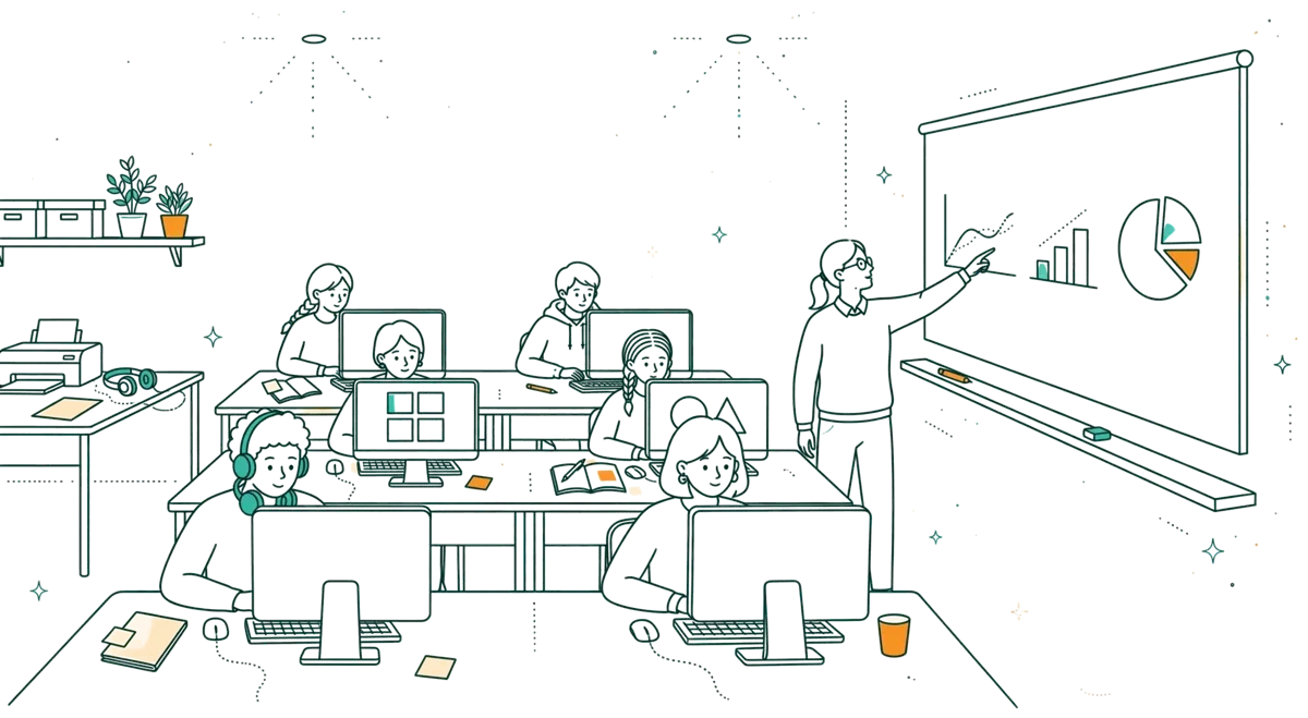 Dessin au trait : étudiants qui travaillent sur ordinateurs en salle