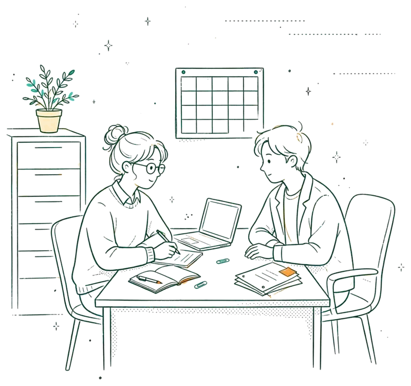 Dessin au trait : simulation d'entretien de recrutement en bureau RH