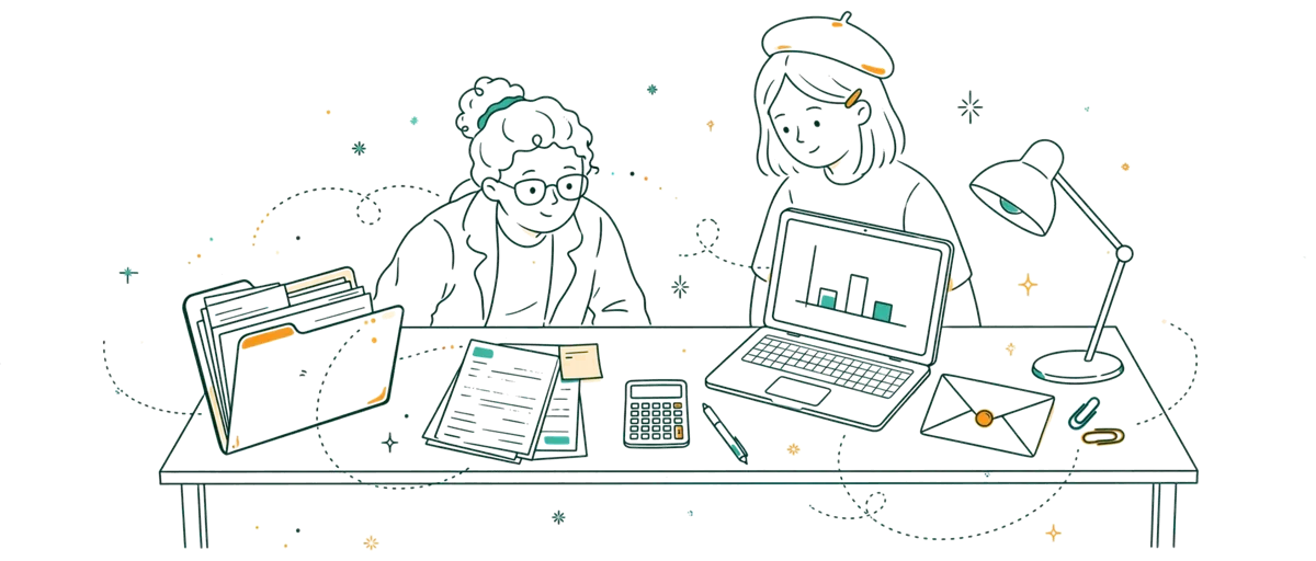 Dessin au trait : dossier d'inscription et calculatrice sur un bureau