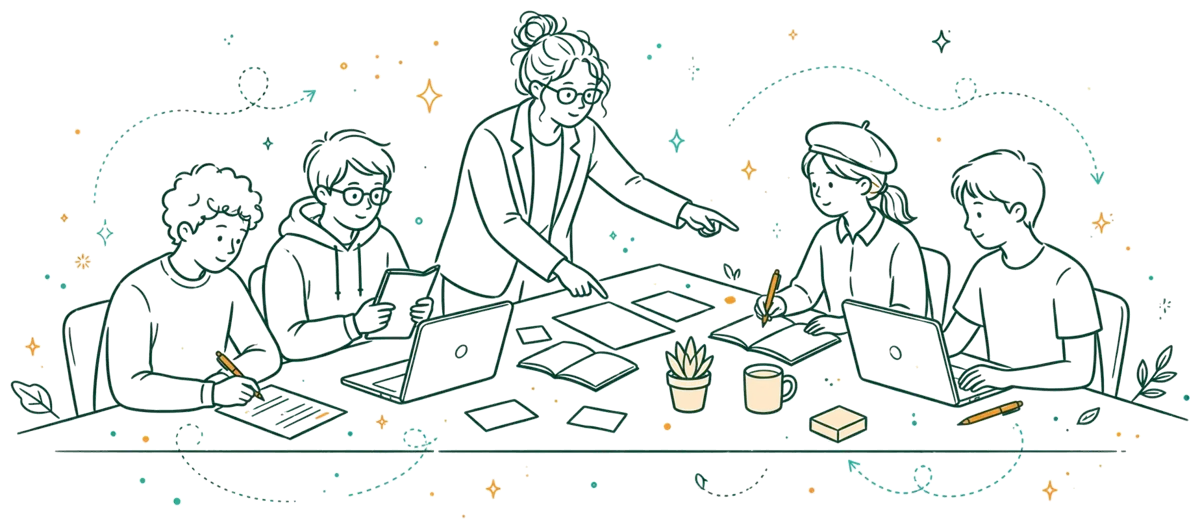 Dessin au trait : atelier CV avec conseiller et étudiants.