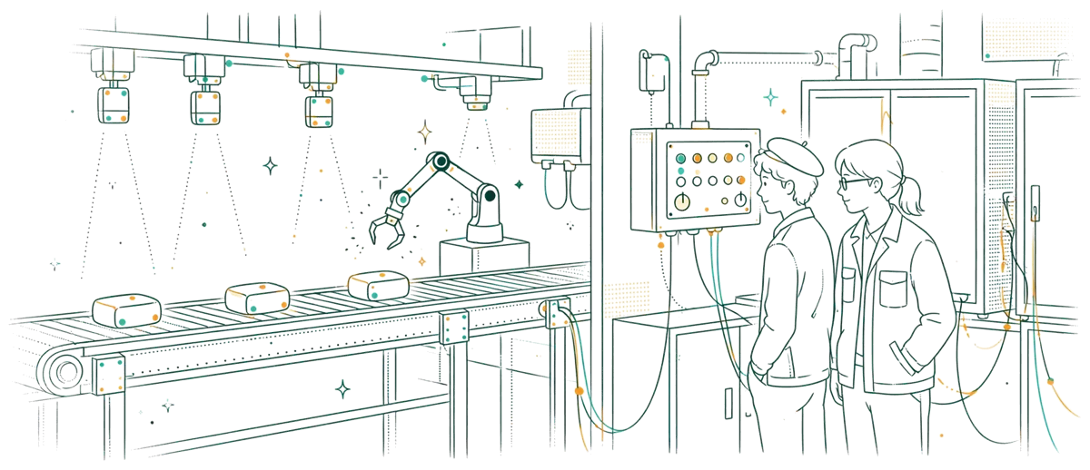 Dessin au trait : ligne de production avec robot et panneau de contrôle