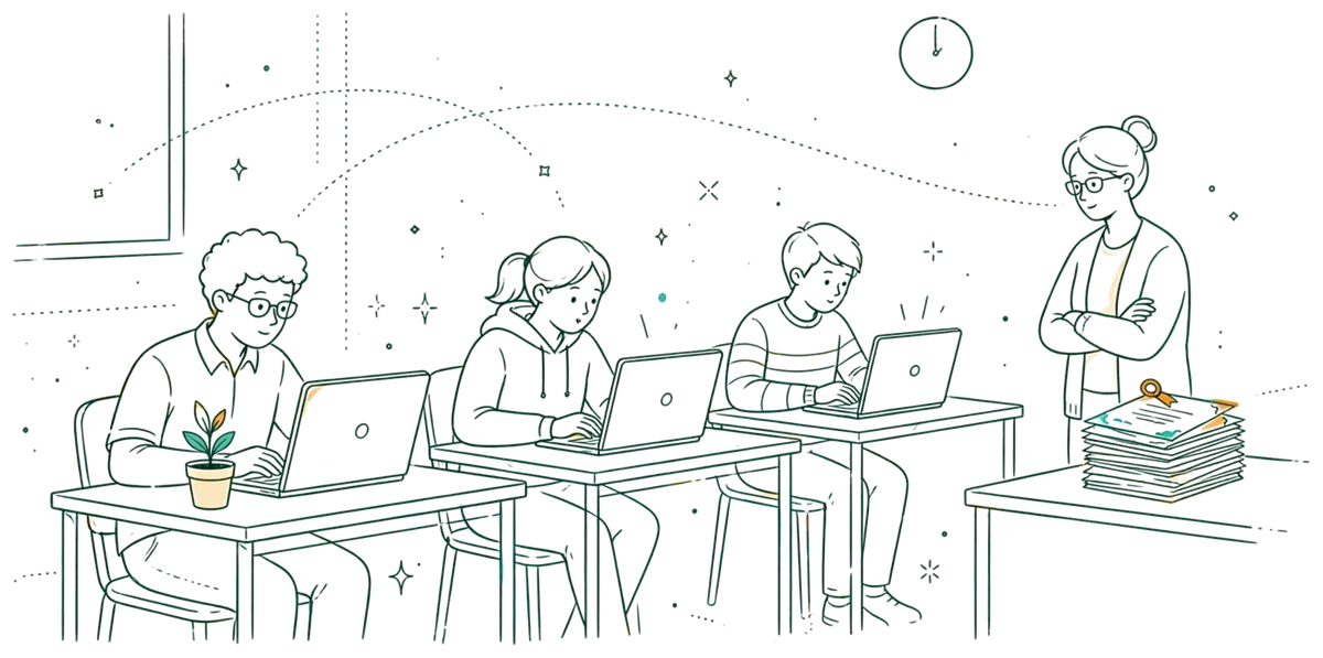 Dessin au trait : étudiants en examen de certification sur ordinateur