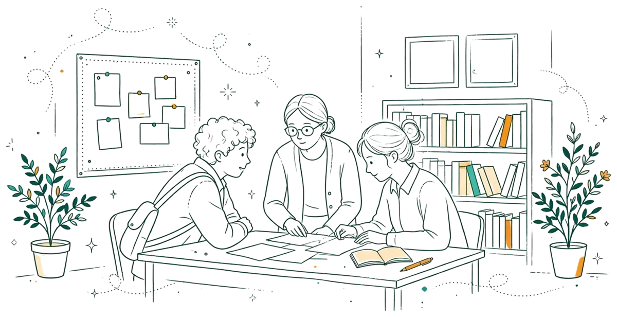 Dessin au trait : bureau des étudiants avec échanges conviviaux
