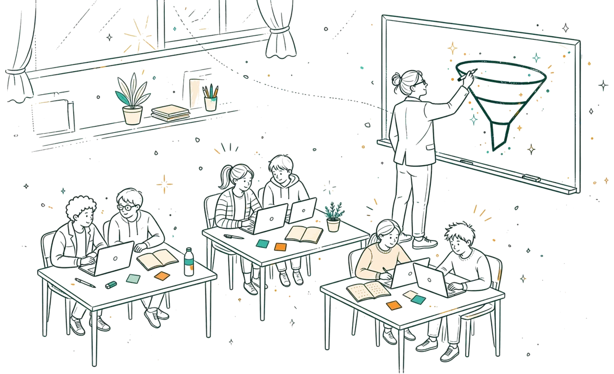 Dessin au trait : étudiants en travail de groupe en cours