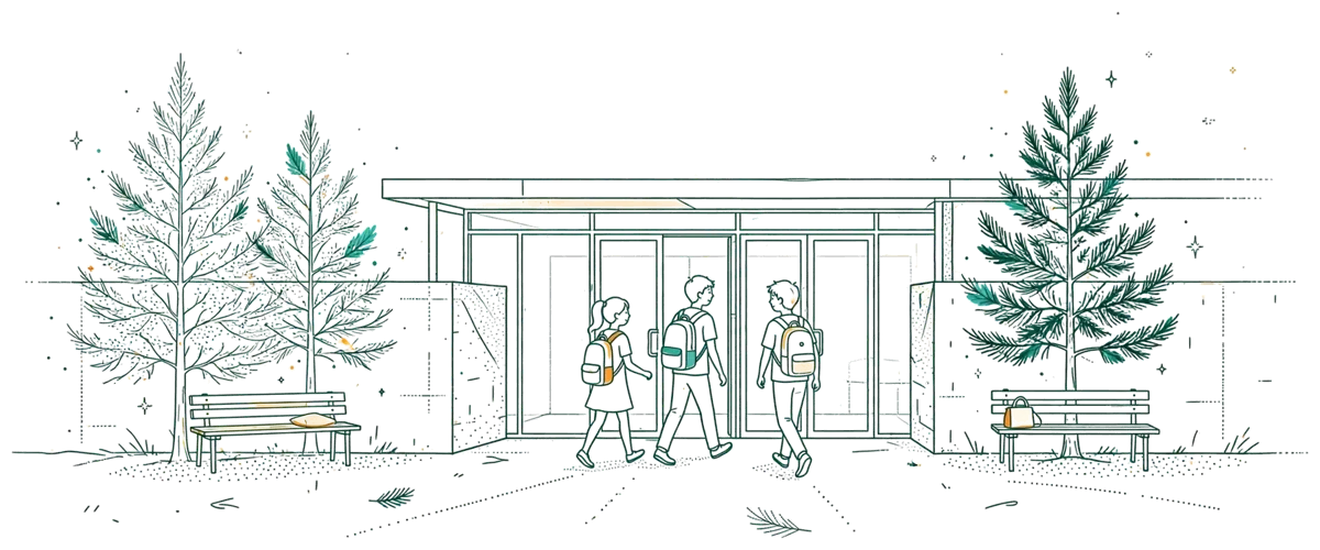 Dessin au trait : entrée moderne du campus avec étudiants