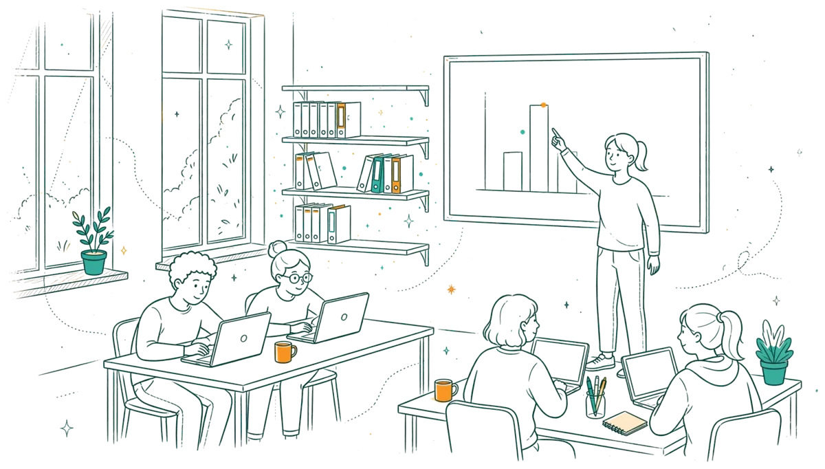 Dessin au trait : apprentis en cours avec ordinateurs