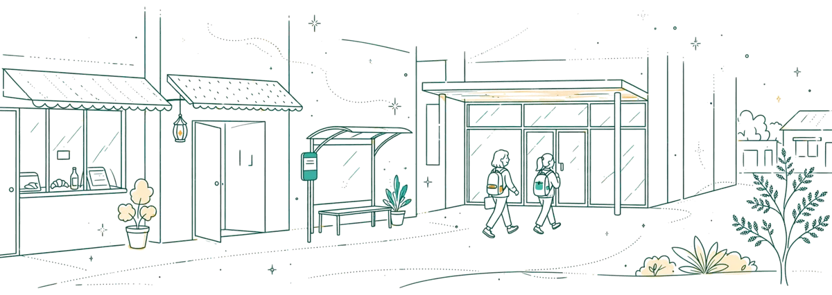 Dessin au trait : rue du centre-ville devant le campus