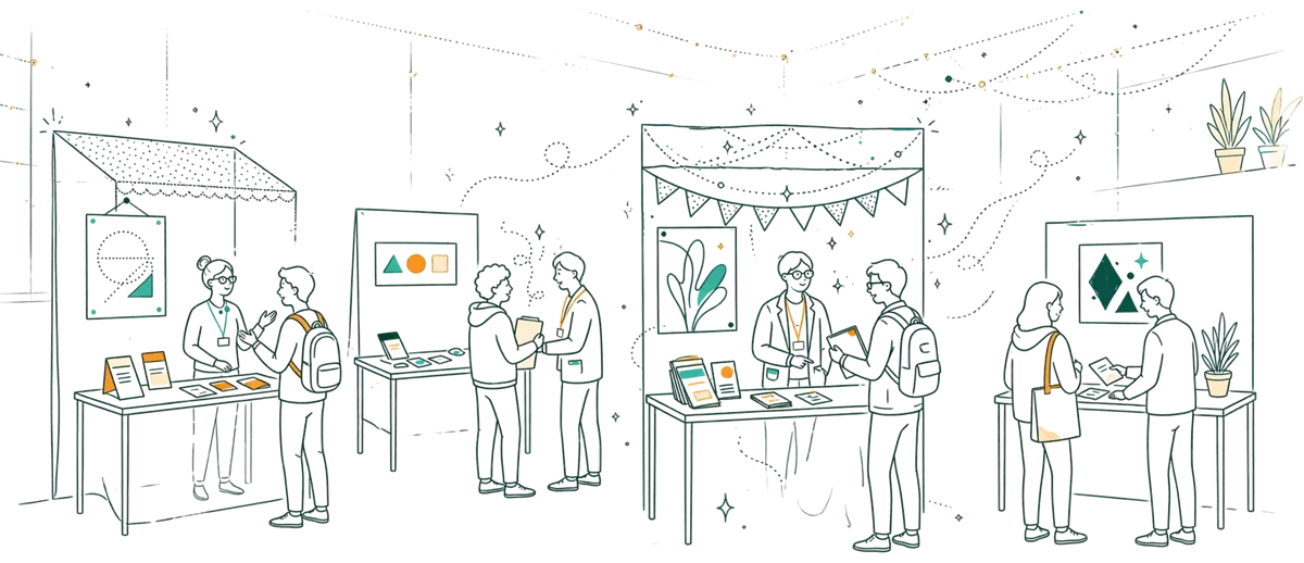 Dessin au trait : salon de l’emploi avec stands et étudiants