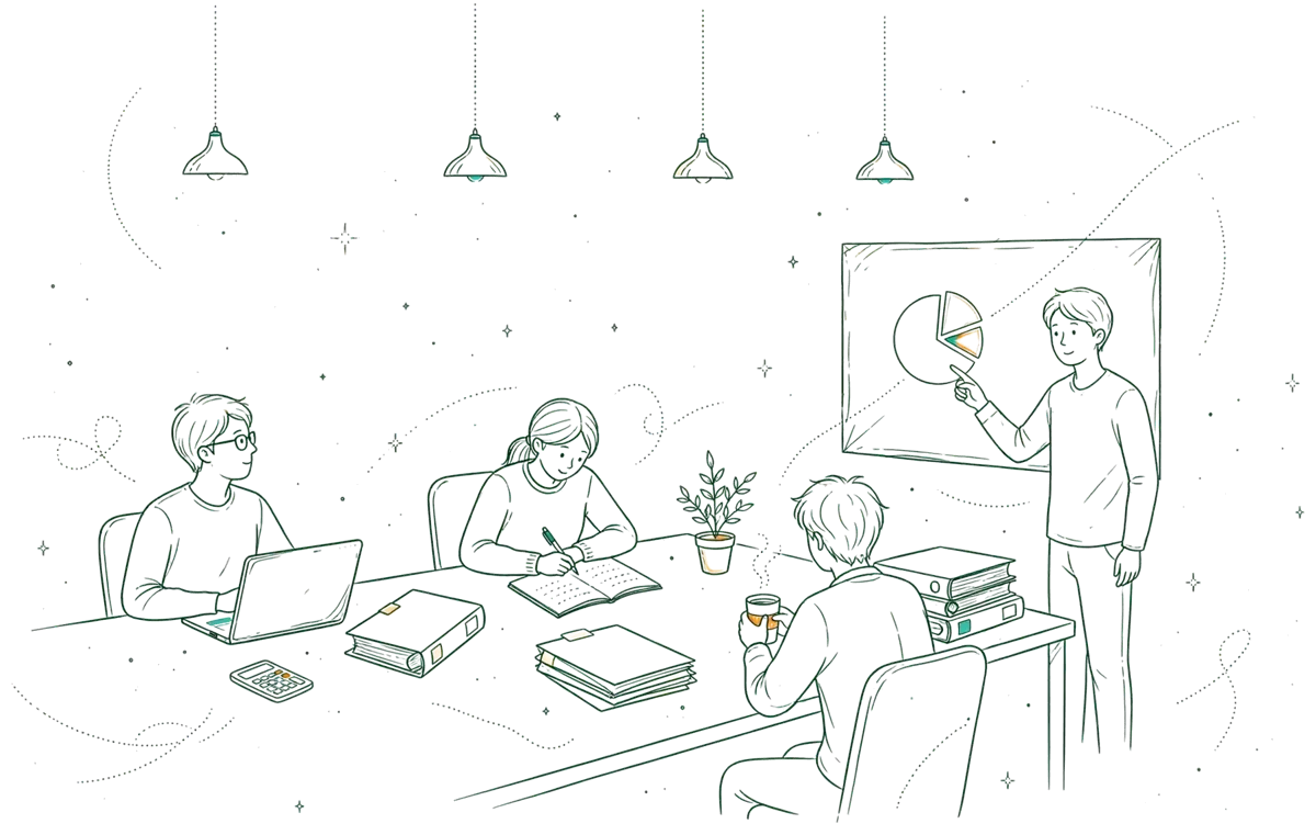 Dessin au trait : jeunes auditeurs qui analysent des chiffres en bureau
