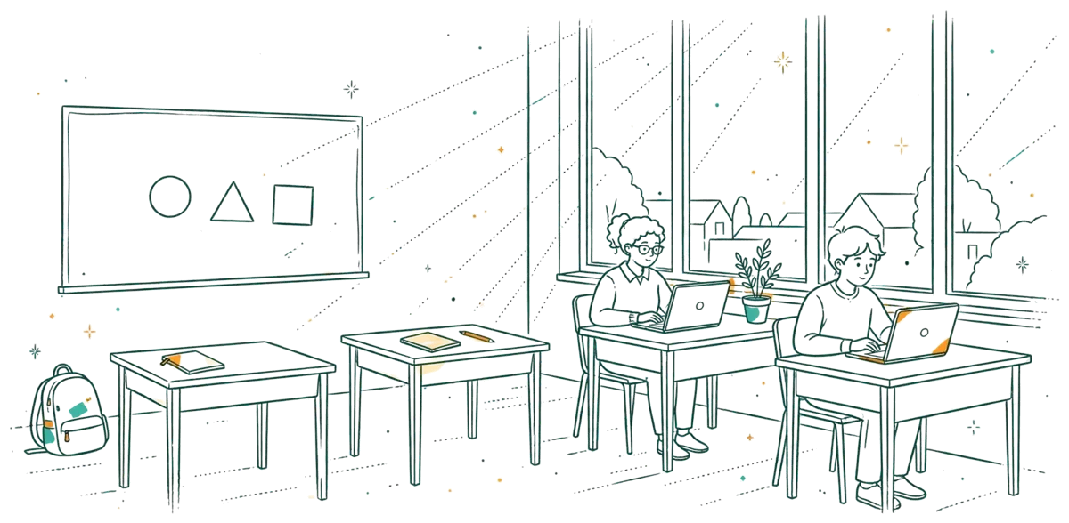 Dessin au trait : salle de cours moderne et accessible avec étudiants