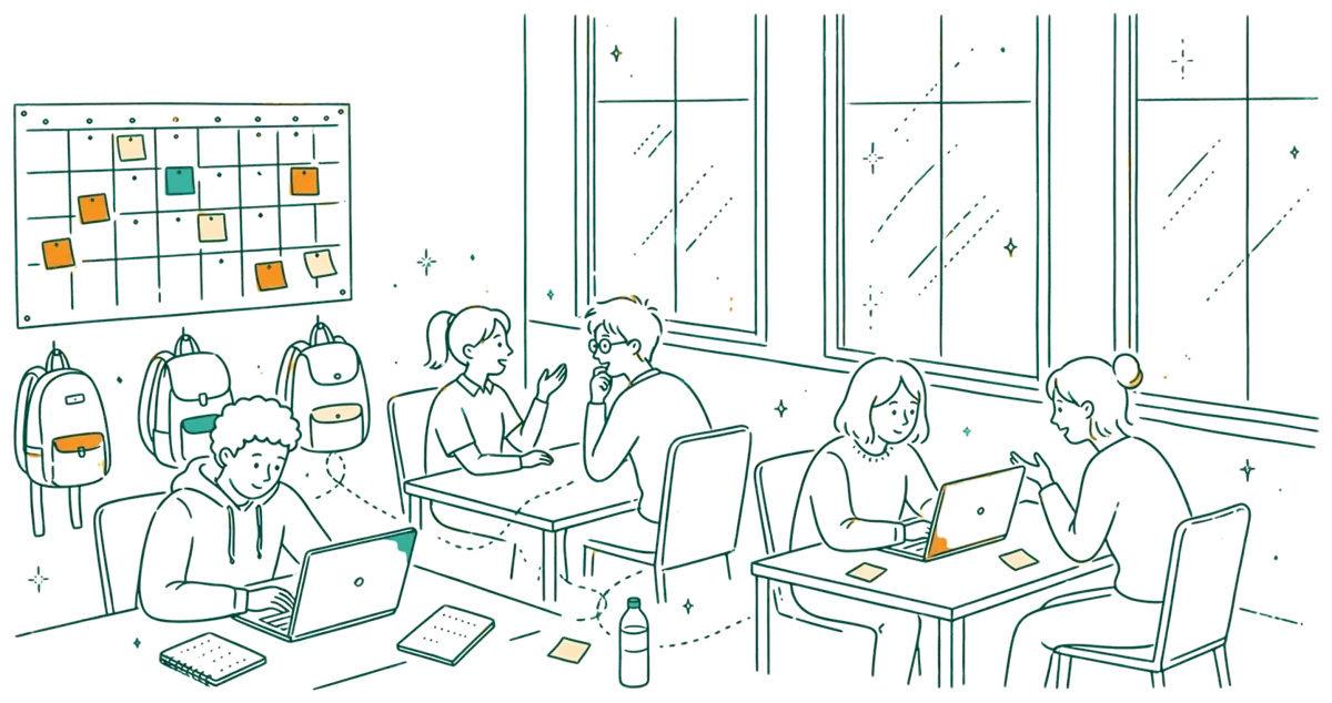 Dessin au trait : étudiants en cours et travail en entreprise alternée.