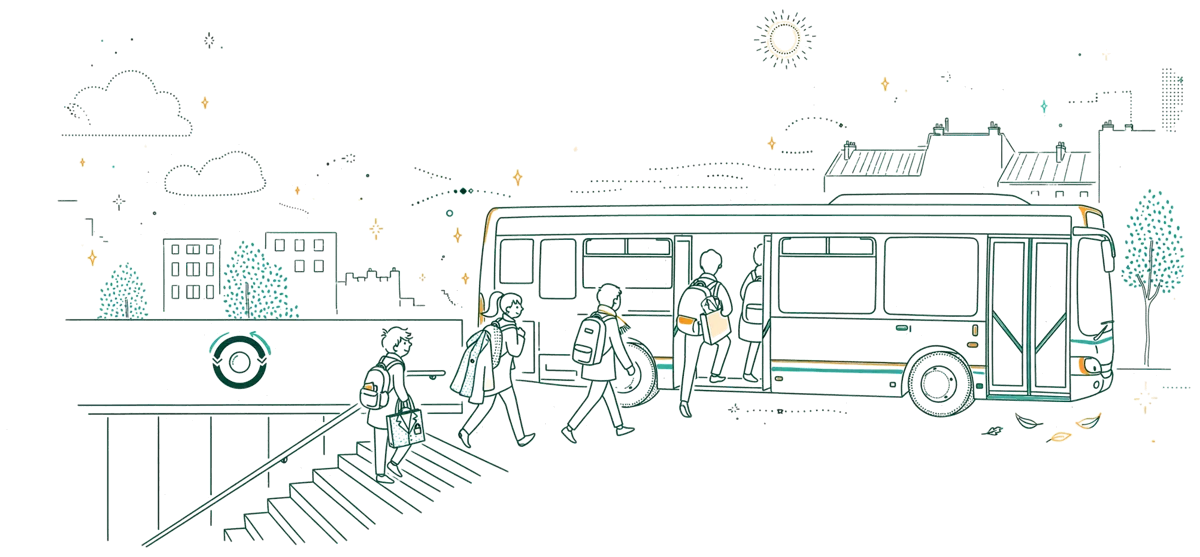 Dessin au trait : étudiants près du métro et du bus