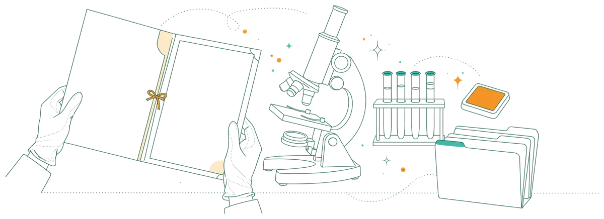 Dessin au trait : diplôme et matériel de laboratoire sur un bureau