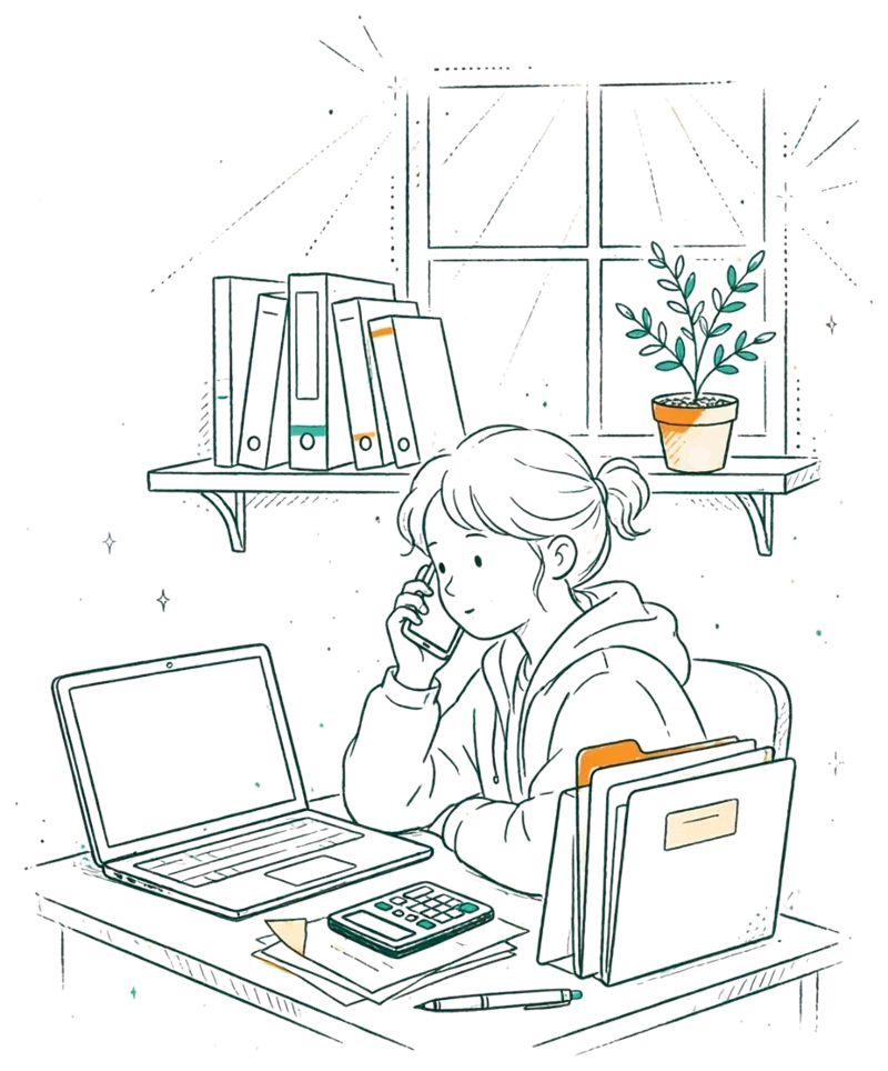 Dessin au trait : étudiant assistant la gestion dans un petit bureau.