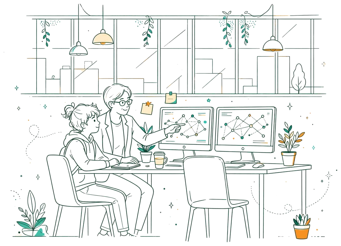 Dessin au trait : étudiant en entreprise avec son tuteur devant écrans.