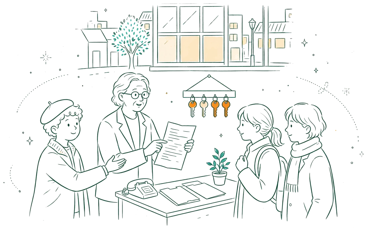 Dessin au trait : apprenti accueillant des clients en agence
