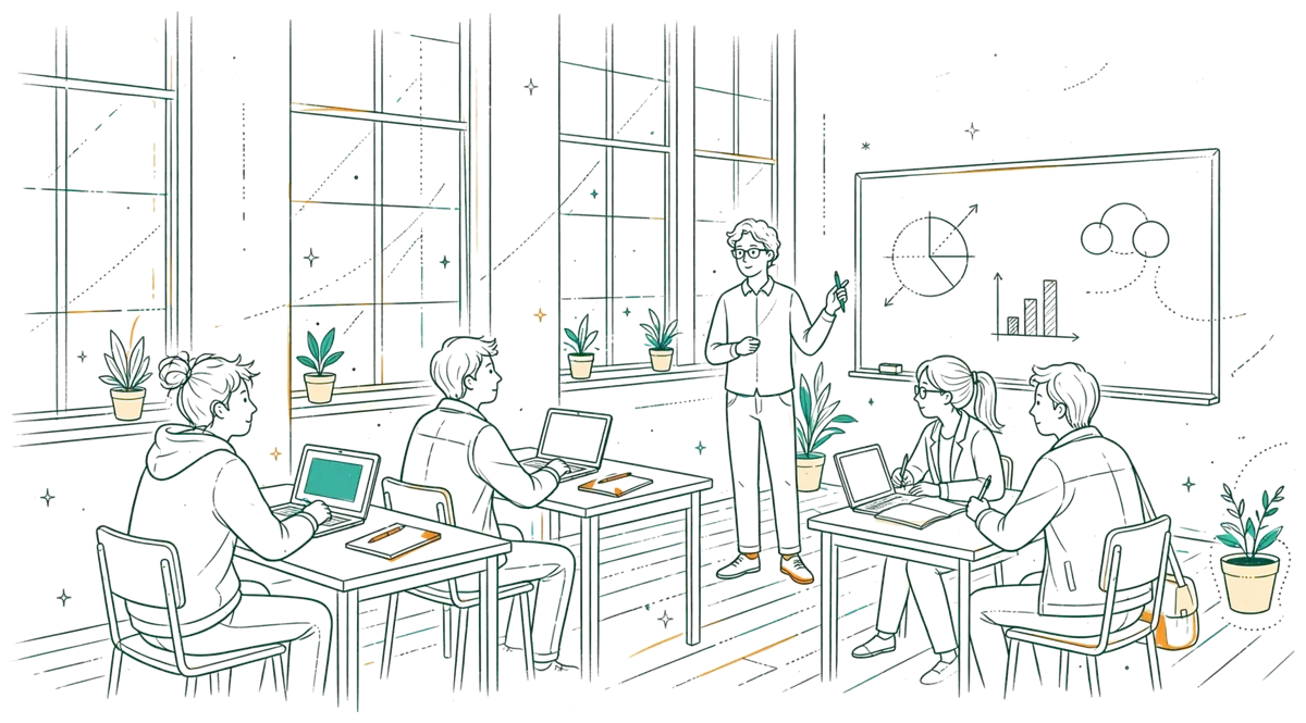 Dessin au trait : salle de cours avec étudiants et formateur