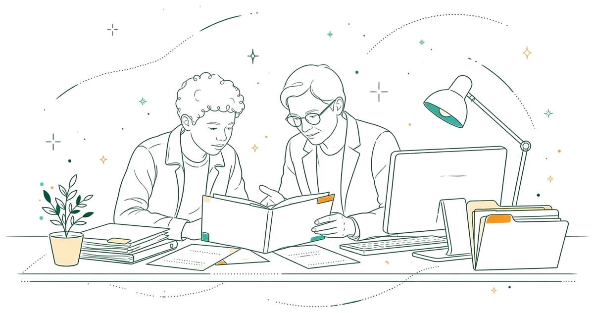 Dessin au trait : apprenti et tuteur en entreprise