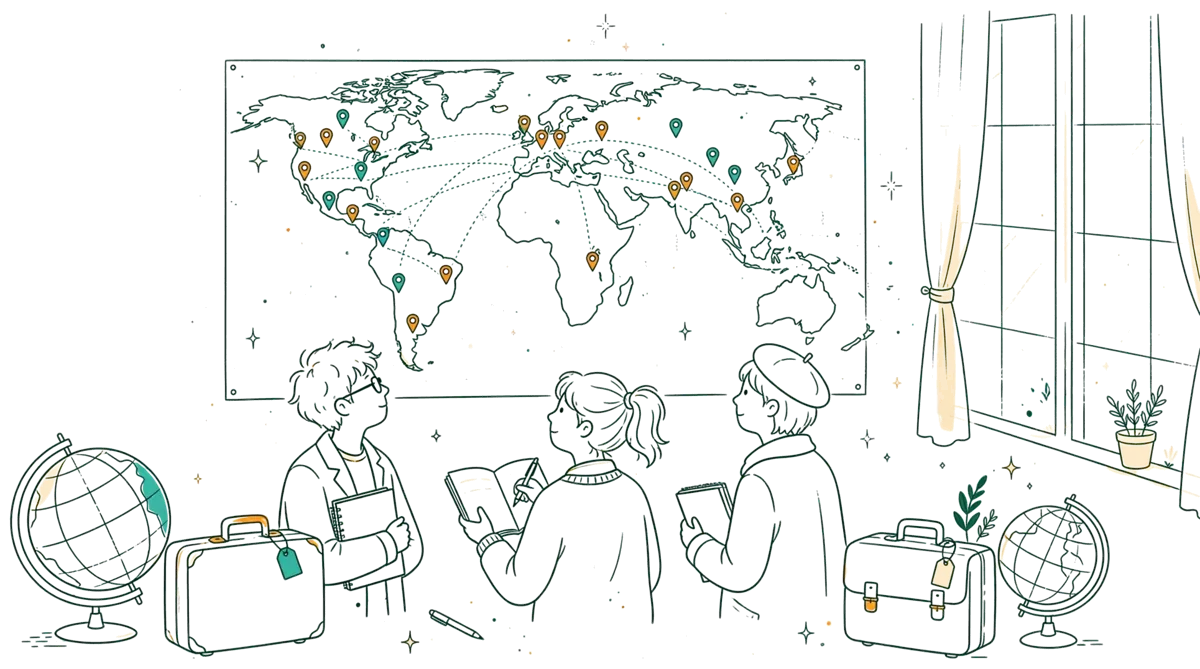 Dessin au trait : étudiants devant une grande carte du monde