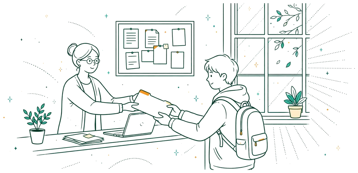 Dessin au trait : accueil pour inscription administrative