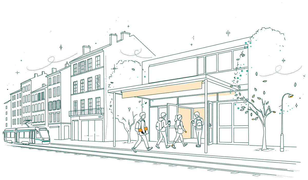 Dessin au trait : entrée de l’école dans une rue de Lyon