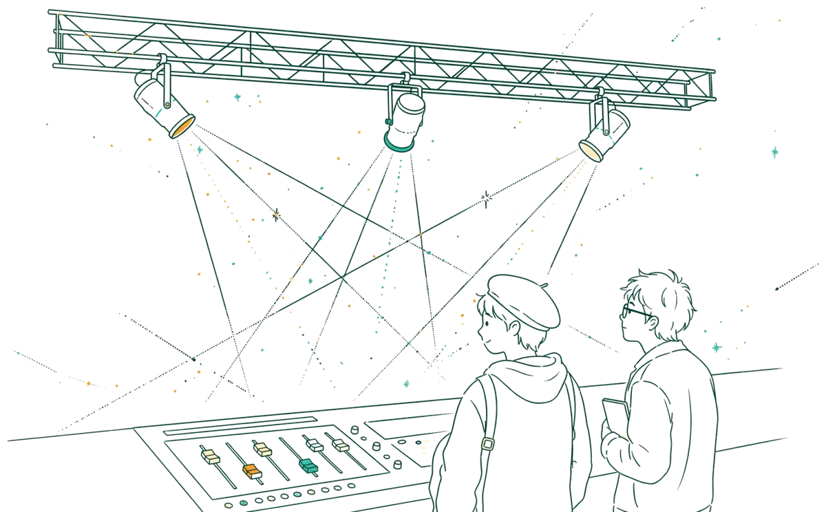 Dessin au trait : projecteurs asservis et console lumière