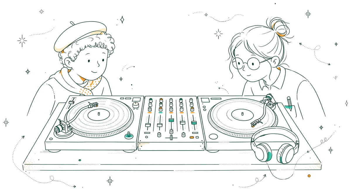 Dessin au trait : gros plan sur platines et table de mixage