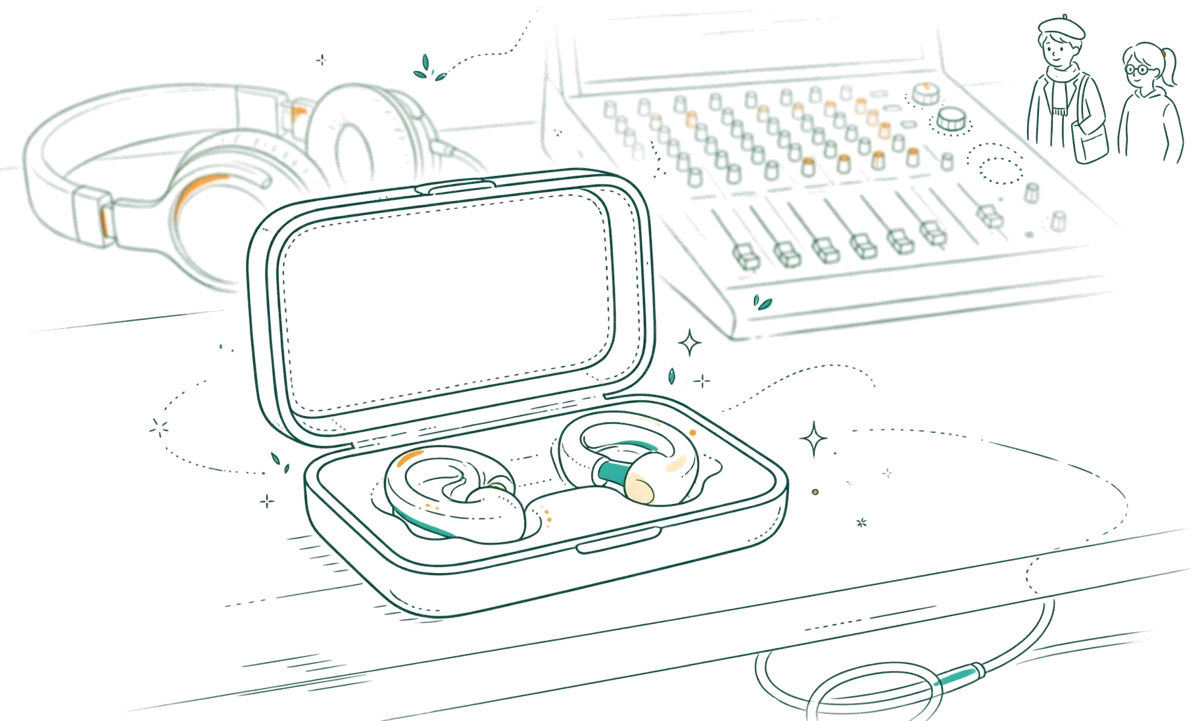 Dessin au trait : protections auditives sur une table de mixage