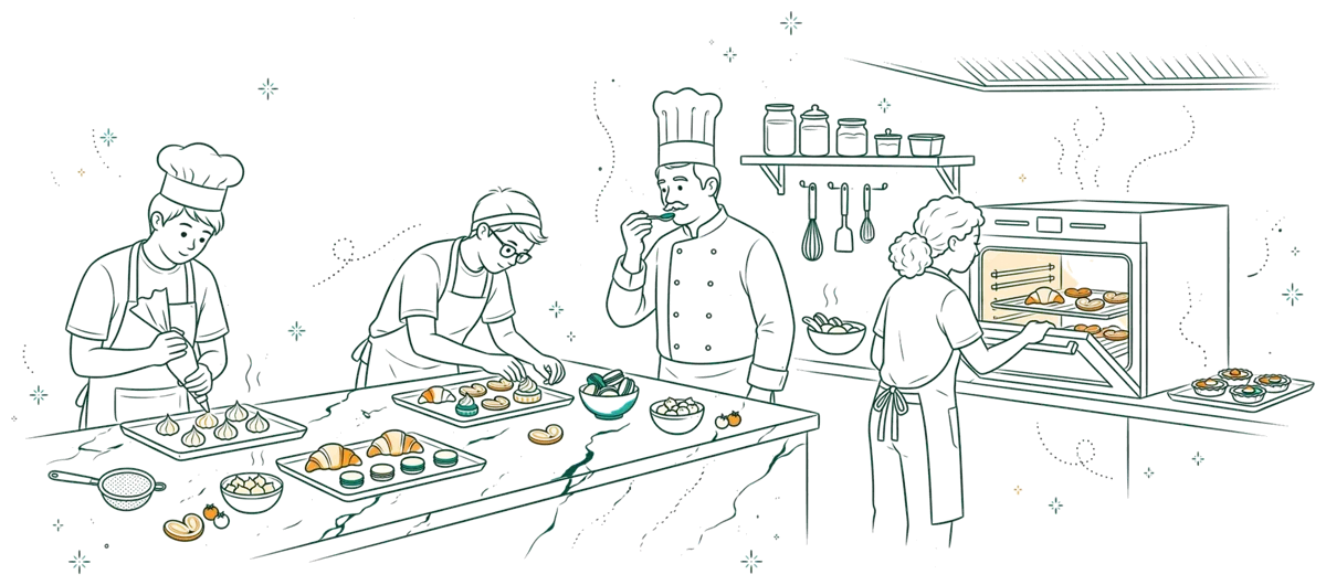 Dessin au trait : laboratoire de pâtisserie avec étudiants au travail