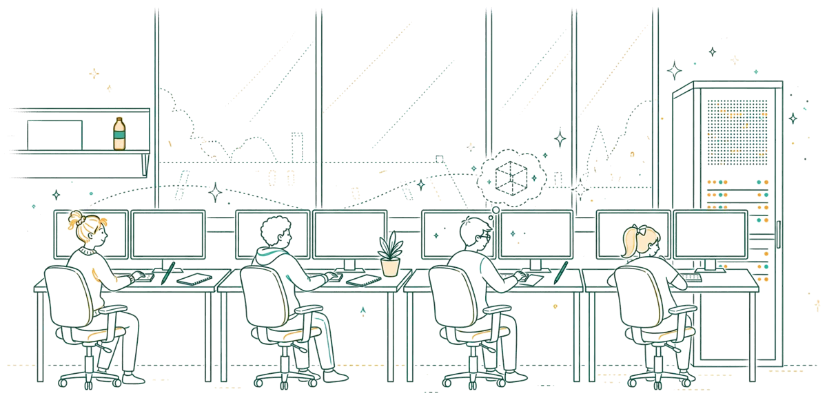 Dessin au trait : salle de stations de travail pour la 3D