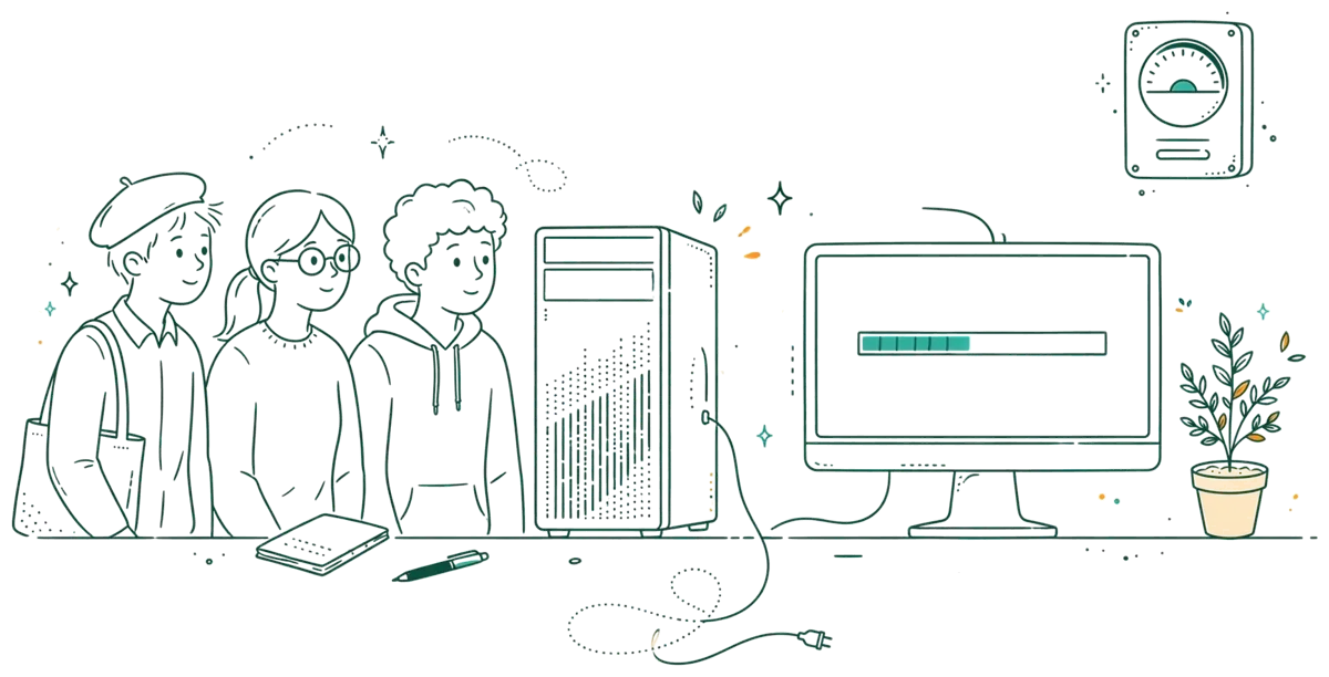 Dessin au trait : station de travail récente et sobre en énergie