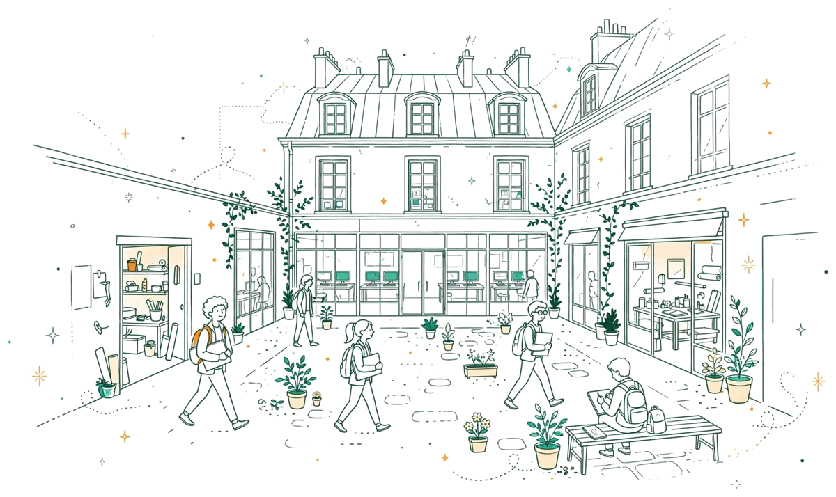 Dessin au trait : cour intérieure et ateliers de l’école à Paris
