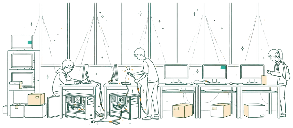 Dessin au trait : laboratoire informatique en rééquipement sobre