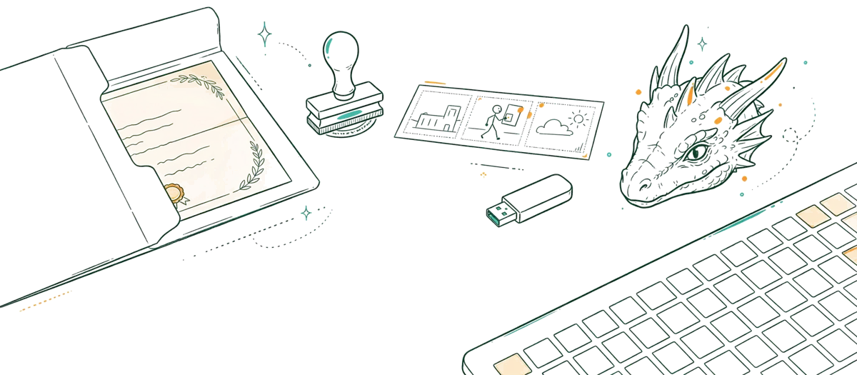 Dessin au trait : dossier de certification et maquette sur bureau