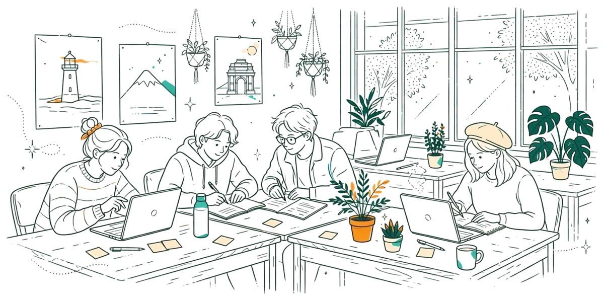 Dessin au trait : étudiants en travail de groupe dans une salle de coworking moderne
