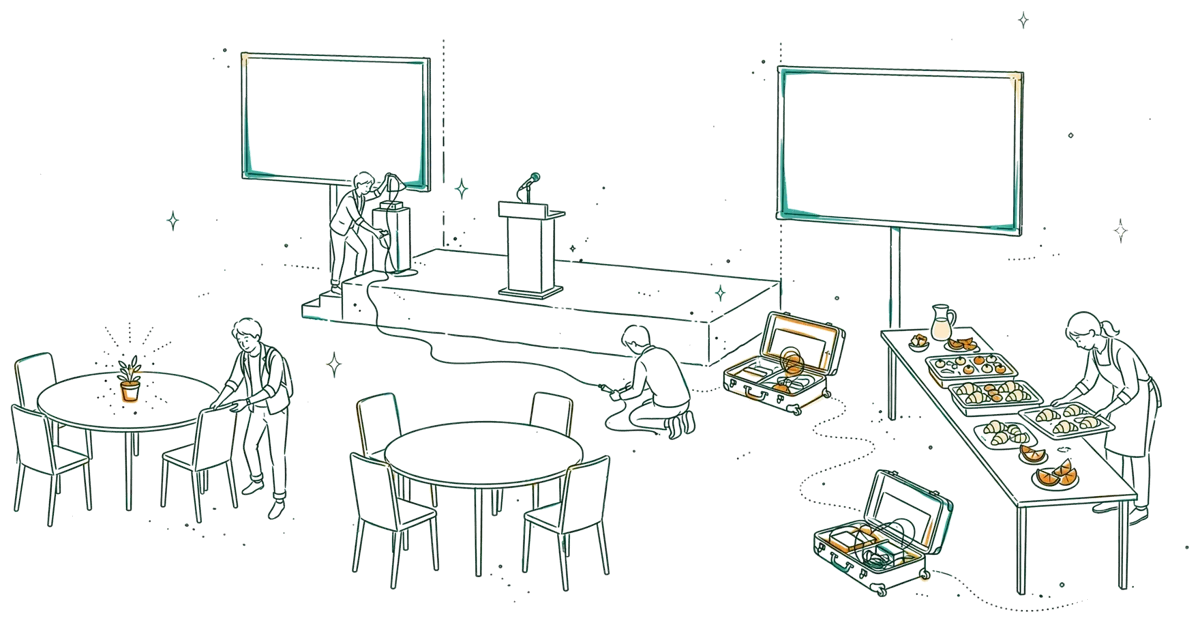 Dessin au trait : salle de séminaire en cours d’installation