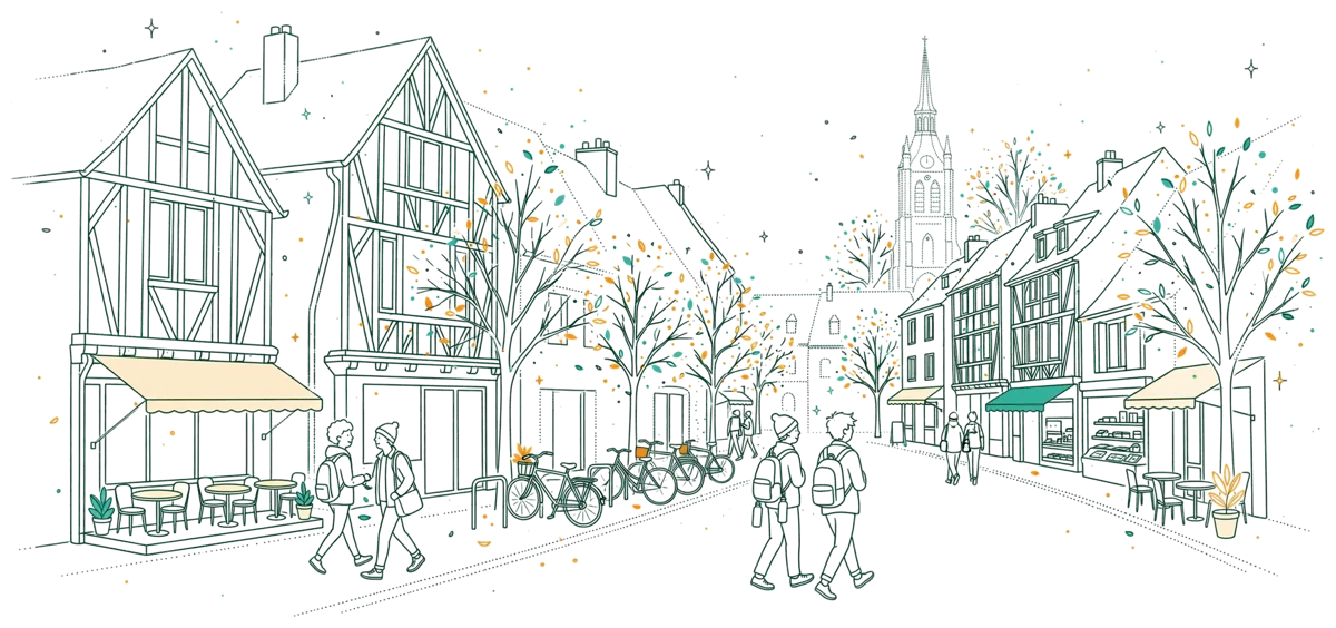 Dessin au trait : rue ancienne de Troyes avec des étudiants
