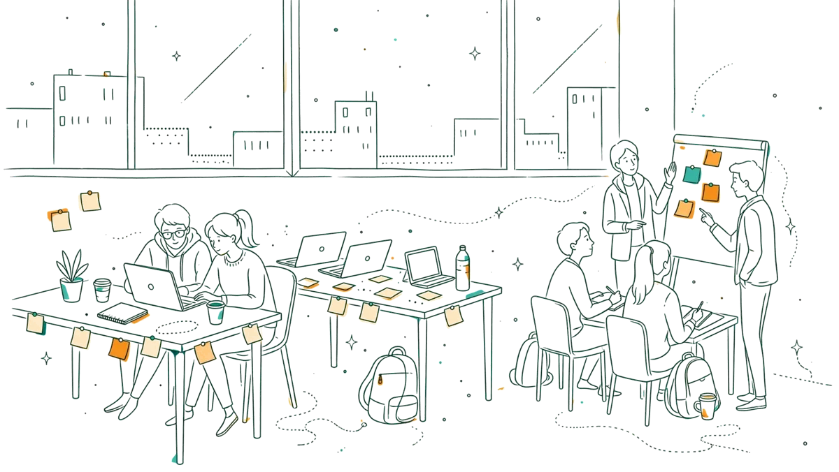 Dessin au trait : étudiants en hackathon autour de tables