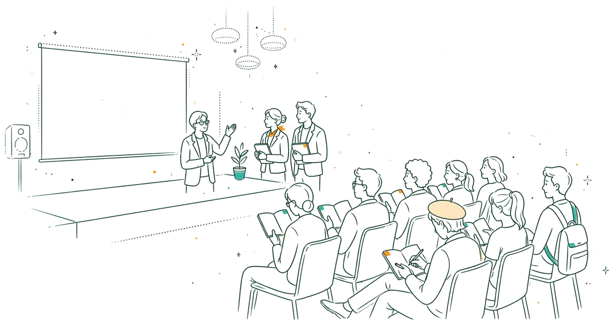 Dessin au trait : conférence avec des pros devant des étudiants