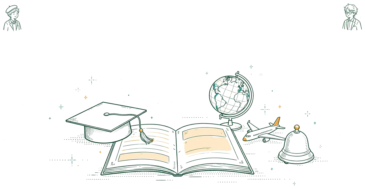 Dessin au trait : passeport, globe, maquette d’avion et cloche