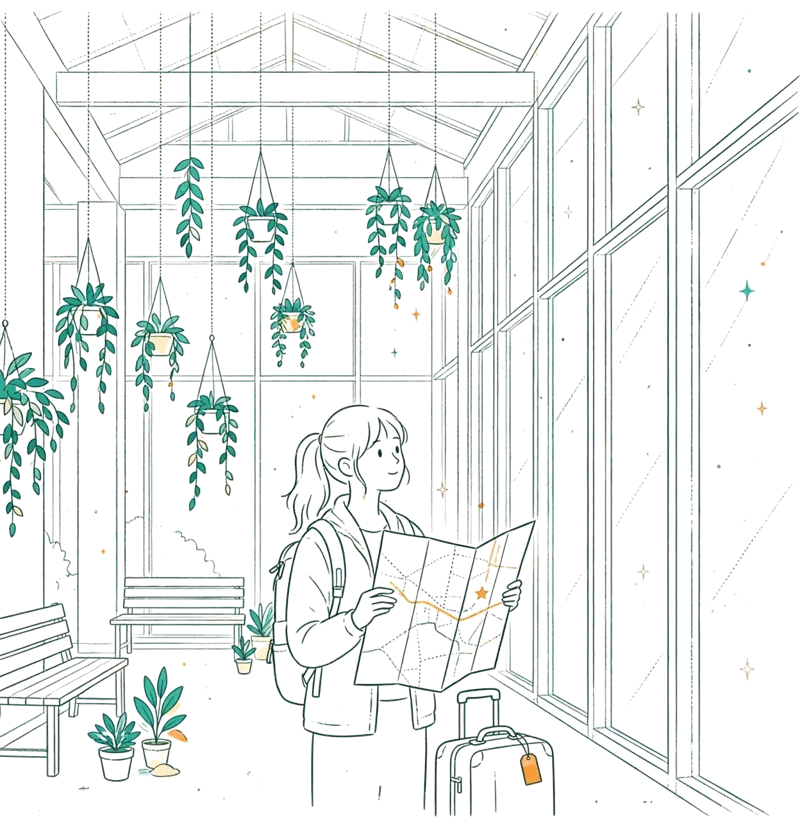 Dessin au trait : étudiante avec carte et valise dans un hall en verre