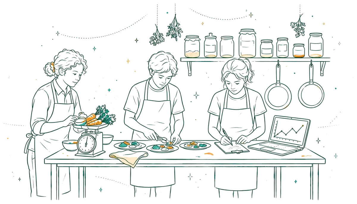 Dessin au trait : étudiants dans une cuisine pédagogique qui pèsent des aliments et notent des portions