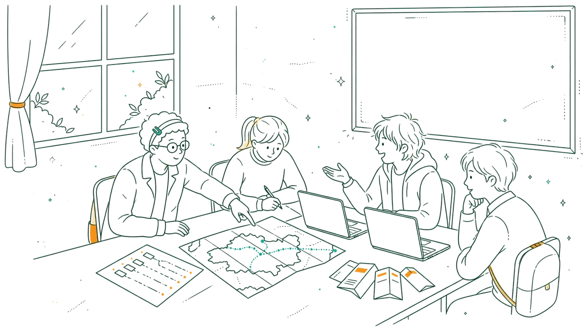 Dessin au trait : étudiants autour d'une carte et de deux ordinateurs, qui montent un circuit de voyage