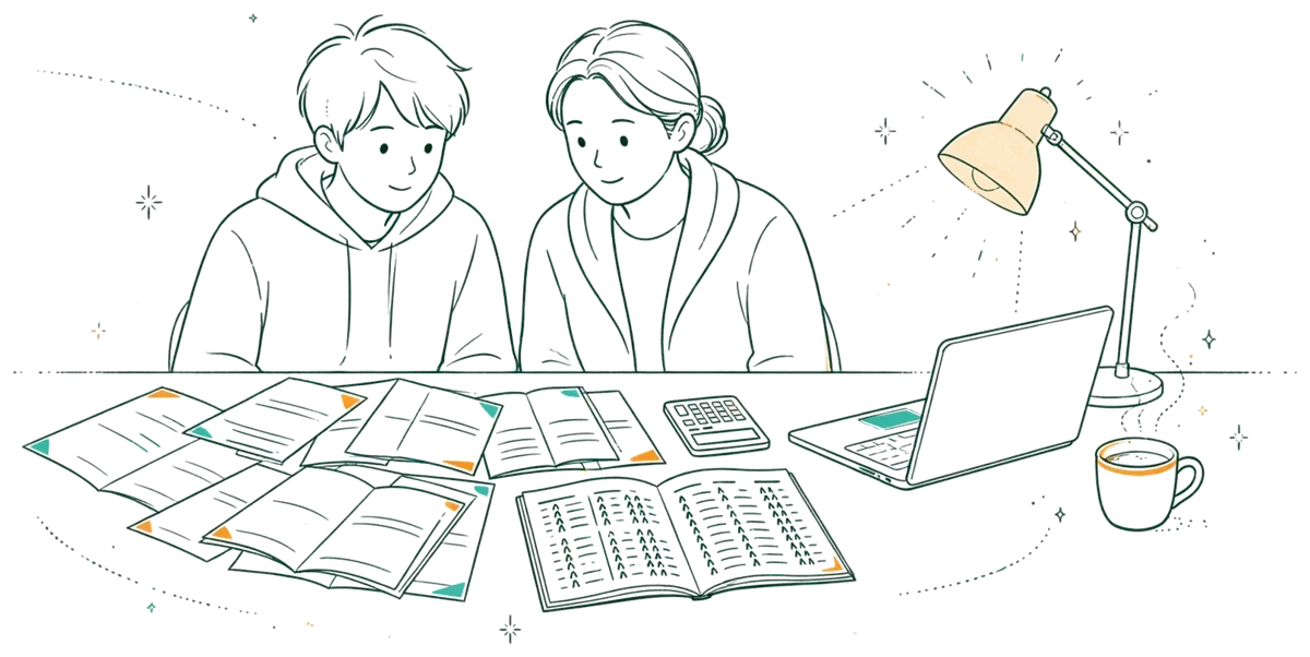 Dessin au trait : un élève compare des brochures et fait ses comptes à une table de cuisine