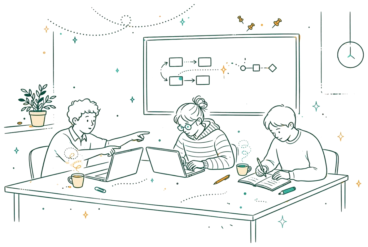 Dessin au trait : trois étudiants codent ensemble autour d'une table, ordinateurs portables ouverts