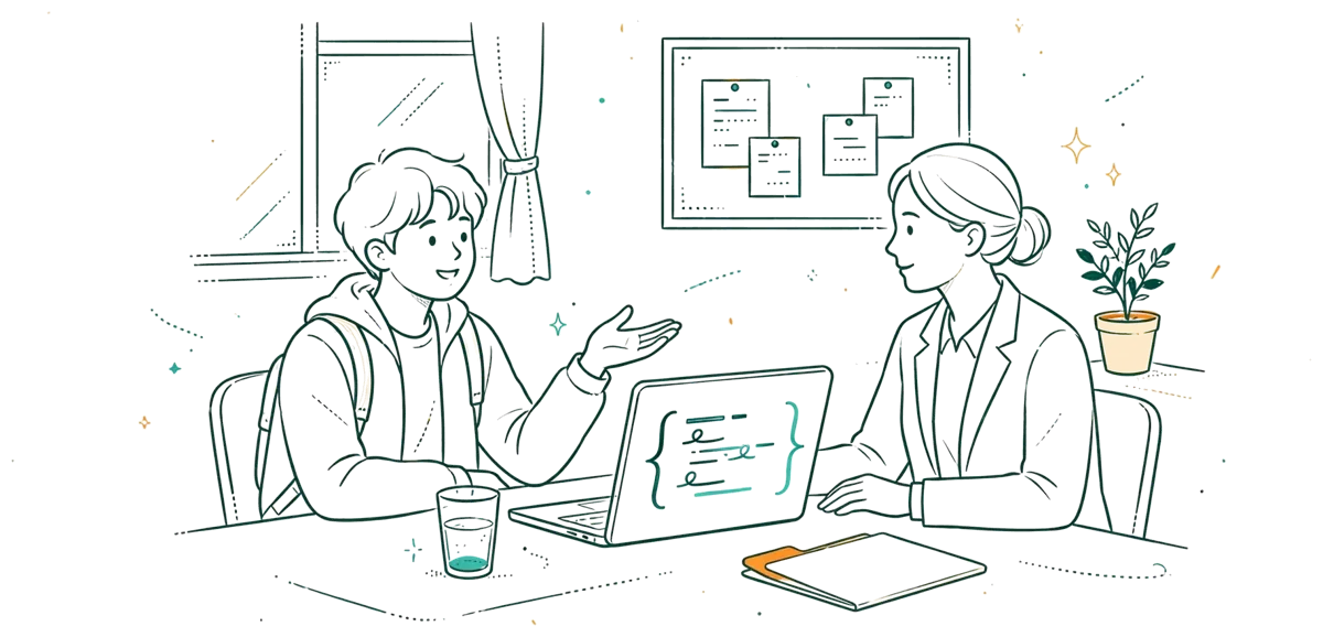 Dessin au trait : un lycéen passe un entretien face à une personne, ordinateur portable ouvert entre eux