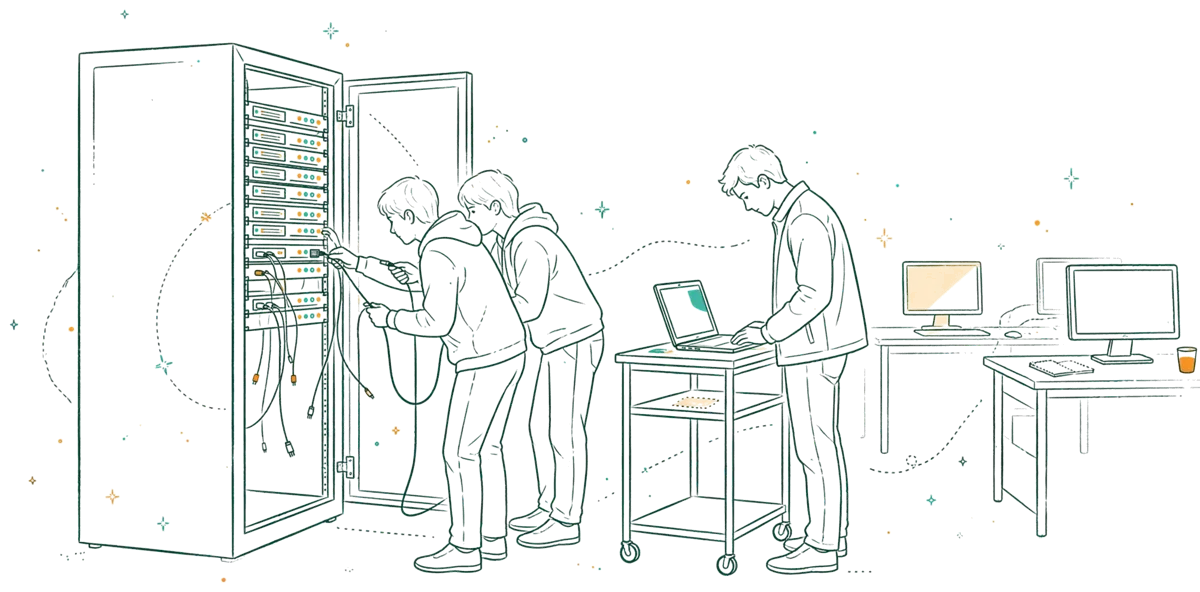 Dessin au trait : des étudiants câblent un switch réseau dans une salle de TP équipée de baies de serveurs