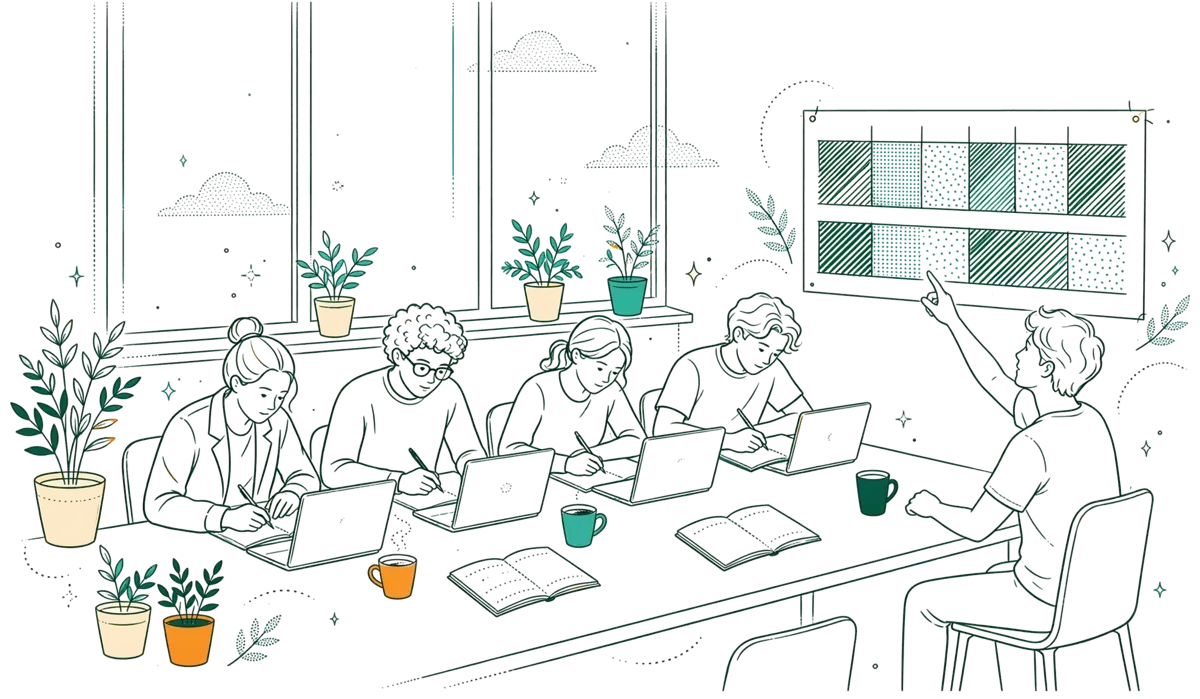 Dessin au trait : étudiants en alternance autour d'une table de travail, tableau de suivi au mur