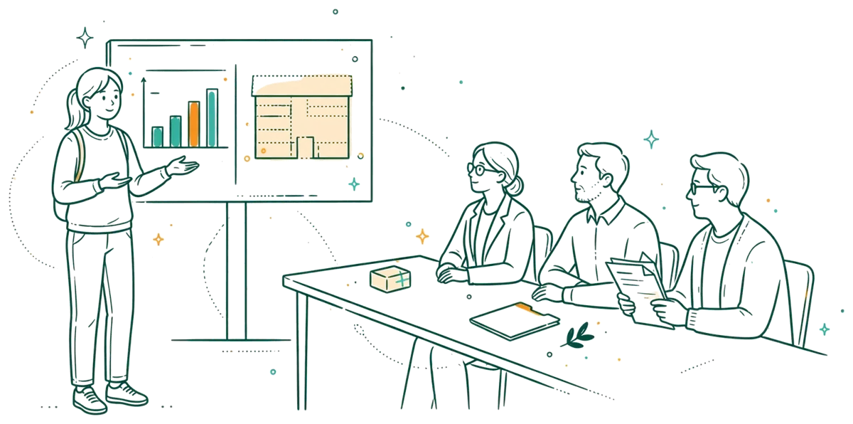Dessin au trait : étudiante qui présente un diagnostic de magasin devant un petit jury